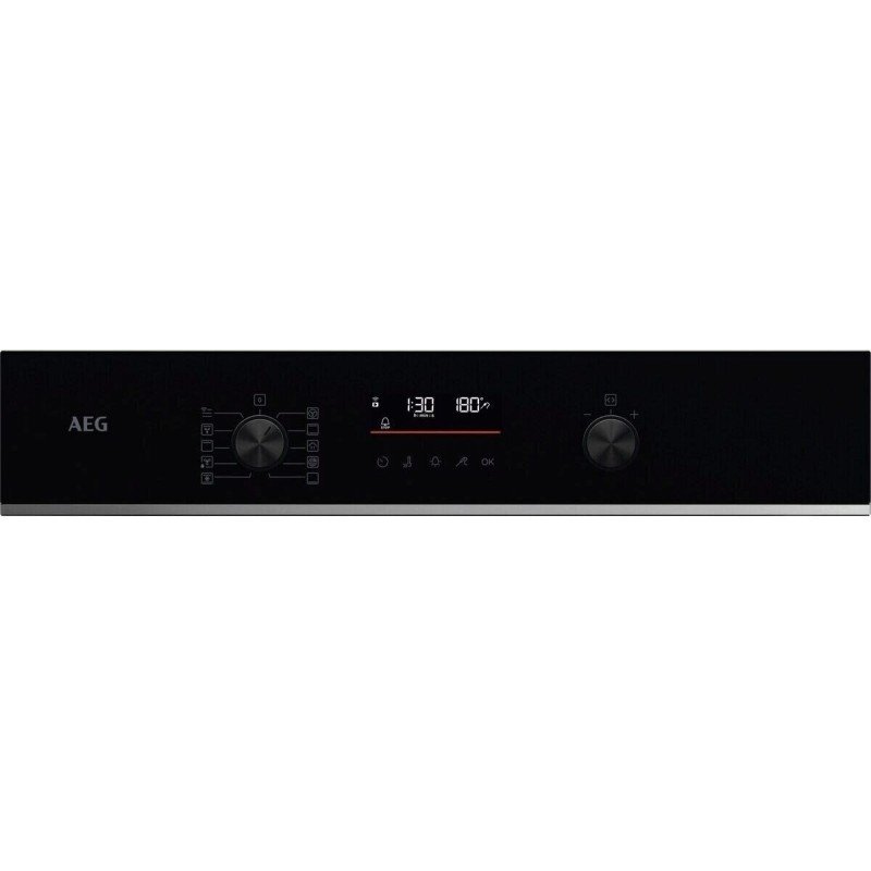Gros plan du panneau de commande noir du four AEG TA5PB53XAB, doté d'un affichage numérique et de deux boutons de commande.