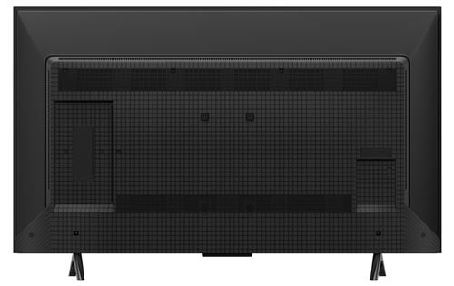 Vue arrière du téléviseur à écran plat TCL 43P79K doté d'un panneau noir texturé et de deux pieds en bas.