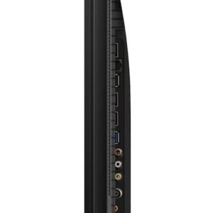 Vue latérale du téléviseur à écran plat TCL 43P79K affichant plusieurs ports et supports sur fond blanc.