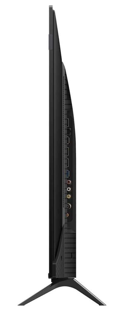 Vue latérale du téléviseur à écran plat TCL 43P79K affichant plusieurs ports et supports sur fond blanc.