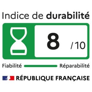 Le TCL 43P79K dispose d'un indice de durabilité français, noté 8/10 et comportant une icône de sablier aux côtés des logos de certification officiels.