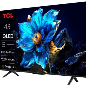 Un téléviseur QLED TCL 43P79K de 43 pouces affiche une fleur bleue vibrante avec ses principales caractéristiques affichées à côté.