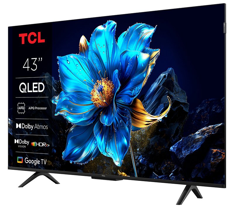 Un téléviseur QLED TCL 43P79K de 43 pouces affiche une fleur bleue vibrante avec ses principales caractéristiques affichées à côté.