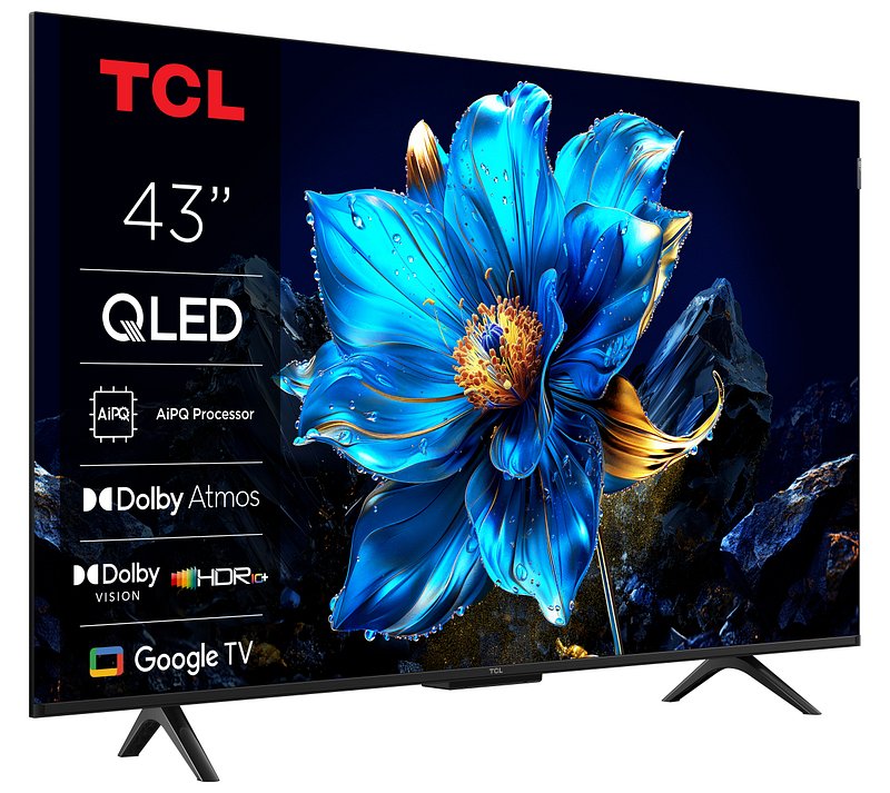 Le téléviseur QLED TCL 43P79K (43 pouces) affiche une fleur bleue vibrante, avec des logos de fonctionnalités affichés sur le côté gauche de l'écran.