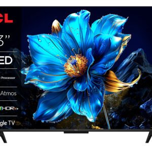 Le téléviseur QLED TCL 43P79K présente une fleur bleue vibrante à l'écran, avec des icônes de fonctionnalités affichées sur le côté gauche.