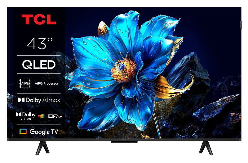 Le téléviseur QLED TCL 43P79K présente une fleur bleue vibrante à l'écran, avec des icônes de fonctionnalités affichées sur le côté gauche.