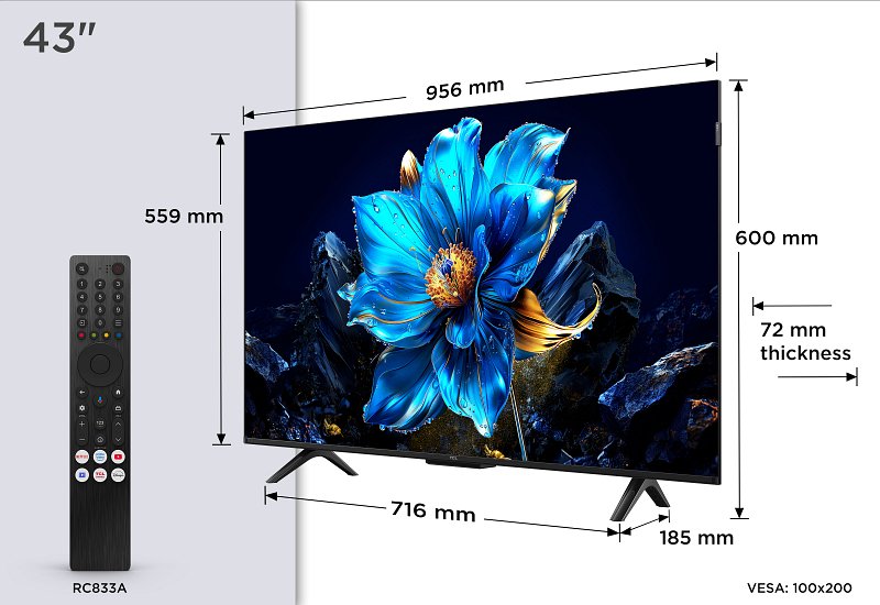 Téléviseur TCL 43P79K de 43 pouces affichant une fleur bleue à l'écran, présenté avec une télécommande et des dimensions indiquées en millimètres.