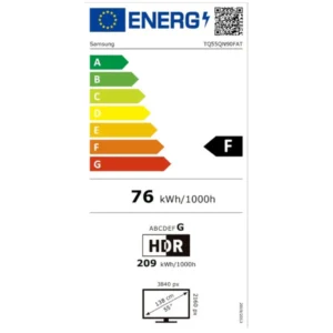 Le SAMSUNG TQ55QN90F (55", 3840x2160) a une étiquette énergétique UE de F, consommant 76 kWh/1000h (SDR) et 209 kWh/1000h (HDR).