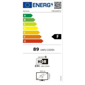 Le SAMSUNG TQ65QN90F Label énergétique UE : classé F, consomme 89 kWh/1000h (SDR), 231 kWh/1000h (HDR), dispose d'un écran de 163 cm et d'une résolution de 3840x2160 px.