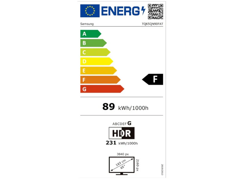 Le SAMSUNG TQ65QN90F Label énergétique UE : classé F, consomme 89 kWh/1000h (SDR), 231 kWh/1000h (HDR), dispose d'un écran de 163 cm et d'une résolution de 3840x2160 px.