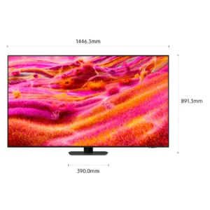 Le téléviseur QLED SAMSUNG TQ65QN90F est doté d'un écran rose vif, présenté de face et de côté avec des dimensions indiquées en millimètres.