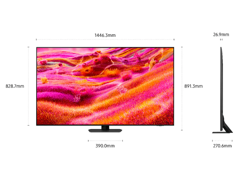 Le téléviseur QLED SAMSUNG TQ65QN90F est doté d'un écran rose vif, présenté de face et de côté avec des dimensions indiquées en millimètres.