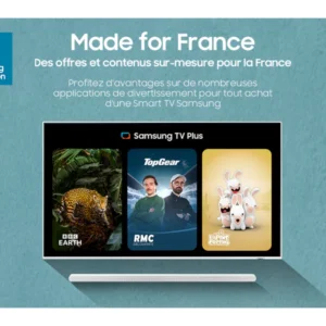 Le téléviseur SAMSUNG TQ65QN90F présente du contenu français, notamment BBC Earth, Top Gear et Rabbids Invasion, le tout présenté avec une bannière promotionnelle accrocheuse.