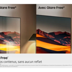 Image divisée : le côté gauche montre le SAMSUNG TQ65QN90F avec un écran antireflet, tandis que le côté droit affiche des reflets et des reflets notables sur un autre téléviseur.