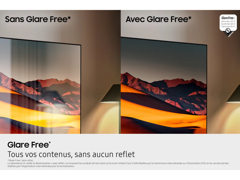Image divisée : le côté gauche montre le SAMSUNG TQ65QN90F avec un écran antireflet, tandis que le côté droit affiche des reflets et des reflets notables sur un autre téléviseur.
