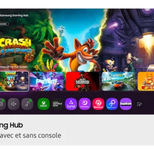 Le SAMSUNG TQ65QN90F affiche un hub de jeu avec des icônes pour Crash Bandicoot, Fortnite et d'autres jeux, ainsi que des logos pour plusieurs applications de jeu affichées en dessous.