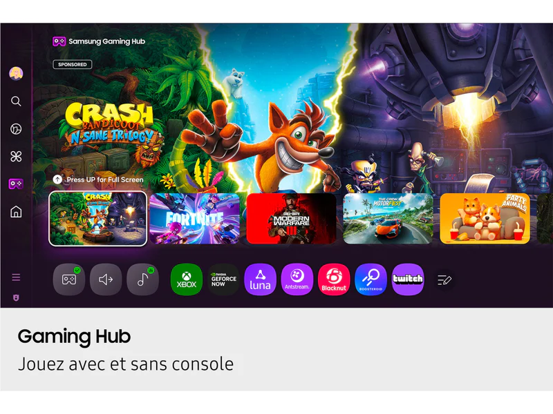 Le SAMSUNG TQ65QN90F affiche un hub de jeu avec des icônes pour Crash Bandicoot, Fortnite et d'autres jeux, ainsi que des logos pour plusieurs applications de jeu affichées en dessous.