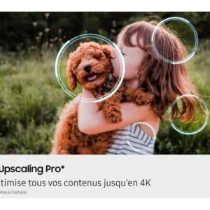Une jeune fille serre dans ses bras son petit chien brun à l'extérieur, avec des cercles numériques montrant des effets de mise à l'échelle, idéal pour l'affichage sur le téléviseur SAMSUNG TQ65QN90F 65 pouces.