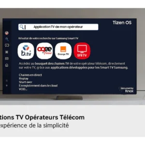 Le téléviseur QLED SAMSUNG TQ65QN90F affiche un menu pour les applications TV des opérateurs télécoms, notamment Bouygues, Free, Orange et SFR.