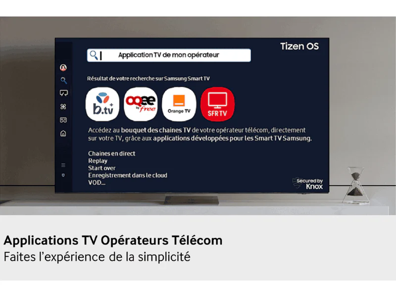 Le téléviseur QLED SAMSUNG TQ65QN90F affiche un menu pour les applications TV des opérateurs télécoms, notamment Bouygues, Free, Orange et SFR.