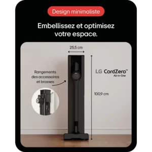 L'aspirateur tout-en-un LG A9TXPRIMEG CordZero est doté d'un support élégant avec rangement d'accessoires intégré et de dimensions de produit clairement affichées.