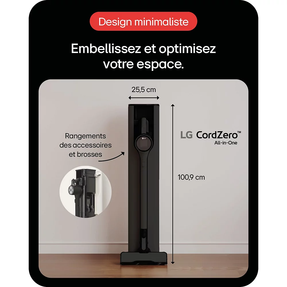 L'aspirateur tout-en-un LG A9TXPRIMEG CordZero est doté d'un support élégant avec rangement d'accessoires intégré et de dimensions de produit clairement affichées.
