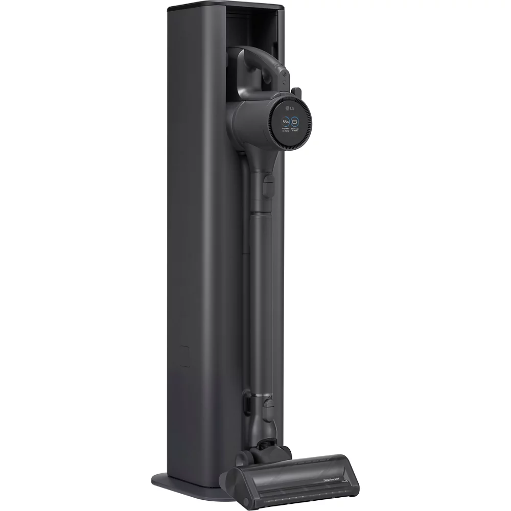 L'aspirateur balai sans fil LG A9TXPRIMEG se tient debout dans sa station de charge.