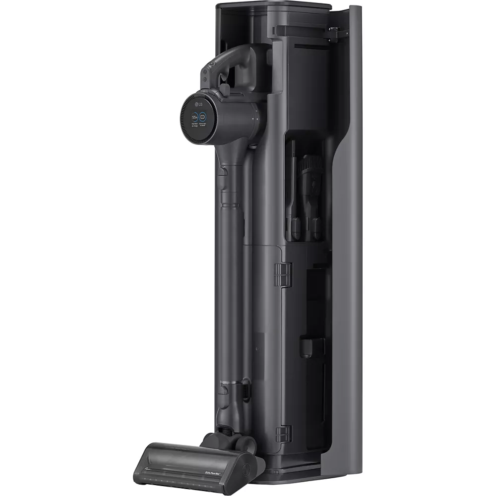 L'aspirateur balai sans fil LG A9TXPRIMEG est livré avec une station de charge verticale élégante et une tête de nettoyage amovible pour une utilisation flexible.