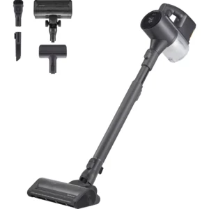 L'aspirateur balai sans fil LG A9TXPRIMEG est présenté avec ses accessoires affichés au-dessus de l'unité principale sur un fond blanc.