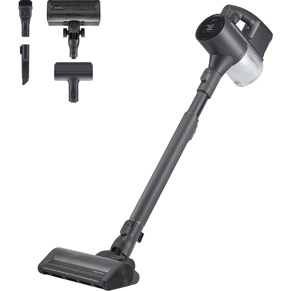 L'aspirateur balai sans fil LG A9TXPRIMEG est présenté avec ses accessoires affichés au-dessus de l'unité principale sur un fond blanc.