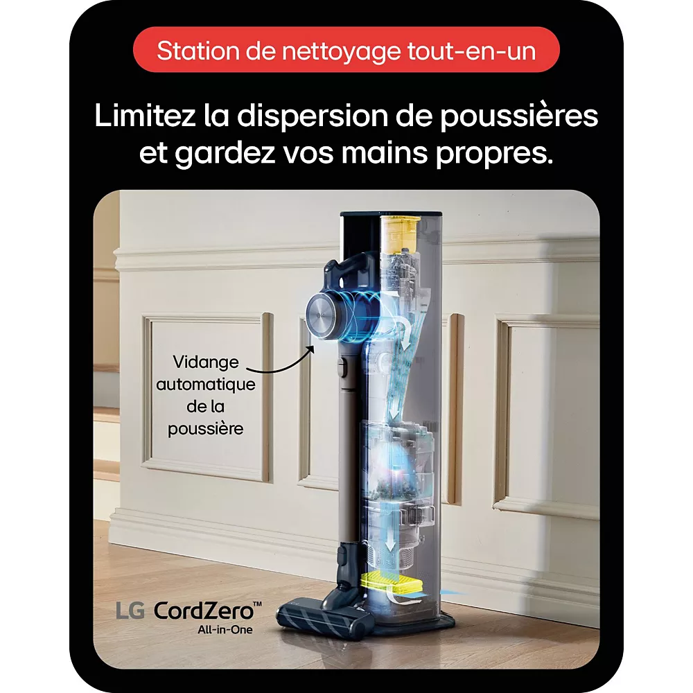 L'aspirateur LG A9TXPRIMEG est présenté dans sa station de nettoyage tout-en-un avec vidage automatique de la poussière, élégamment exposée dans un salon moderne.