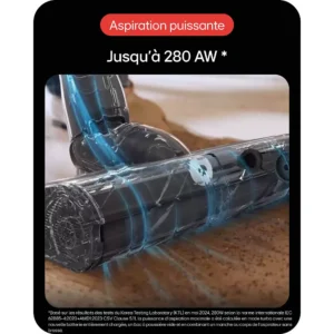 La tête d'aspirateur LG A9TXPRIMEG glisse sur le tapis, mise en valeur par des lignes de flux d'air qui démontrent sa puissante aspiration de 280 AW.