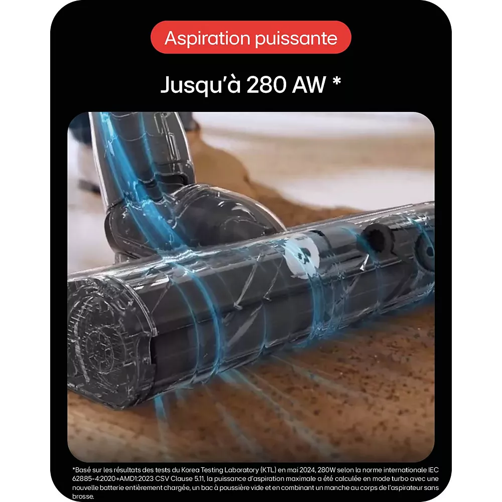 La tête d'aspirateur LG A9TXPRIMEG glisse sur le tapis, mise en valeur par des lignes de flux d'air qui démontrent sa puissante aspiration de 280 AW.