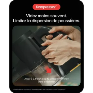 Gros plan de mains vidant le bac à poussière d'un aspirateur, avec un texte français mettant en évidence la fonction de stockage de poussière Kompressor du LG A9TXPRIMEG.