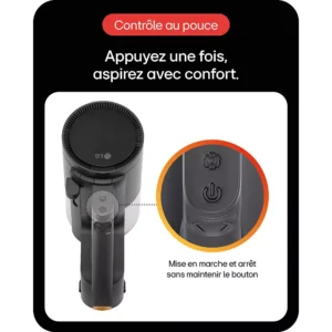 Un gros plan du bouton d’alimentation du LG A9TXPRIMEG met en évidence la facilité de contrôle du pouce, avec des instructions en français incluses pour une utilisation conviviale.