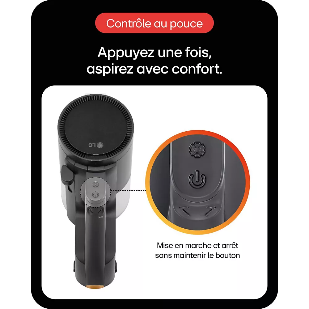 Un gros plan du bouton d’alimentation du LG A9TXPRIMEG met en évidence la facilité de contrôle du pouce, avec des instructions en français incluses pour une utilisation conviviale.