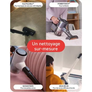 Quatre images montrent l'aspirateur sans fil LG A9TXPRIMEG en action sur les sols, la literie, un canapé et les espaces restreints.