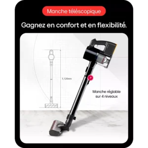 L'aspirateur sans fil LG A9TXPRIMEG est doté d'une poignée télescopique réglable, présentée étendue avec des options de mesure et de réglage.