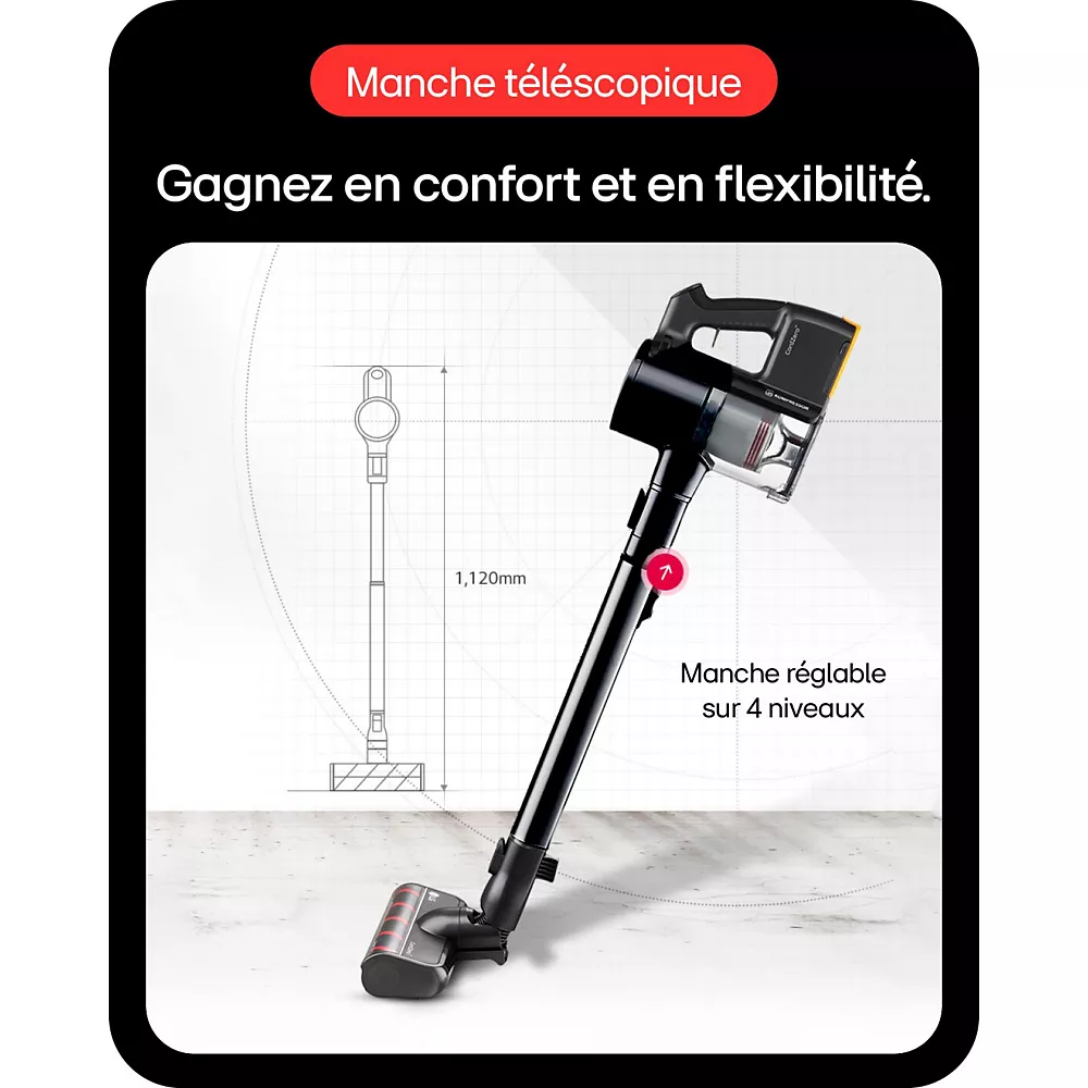 L'aspirateur sans fil LG A9TXPRIMEG est doté d'une poignée télescopique réglable, présentée étendue avec des options de mesure et de réglage.