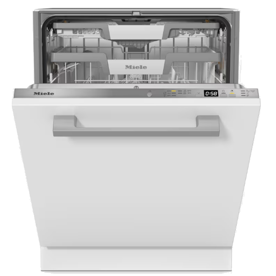 Un lave-vaisselle blanc MIELE G 5463 SCVI EXCELLENCE est posé avec sa porte ouverte, révélant des paniers vides et son affichage de minuterie numérique.