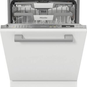 Vue de face d'un lave-vaisselle blanc ouvert MIELE G 7180 SCVI AUTODOS avec paniers vides, panneau de commande visible et technologie AUTODOS intégrée.