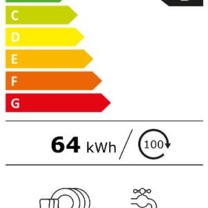 Étiquette énergétique pour le MIELE G 7180 SCVI AUTODOS : classe B, 64 kWh/100 cycles, 8,4 L d'eau, 14 couverts, système AutoDos, niveau sonore de 43 dB et durée de cycle de 3:19.