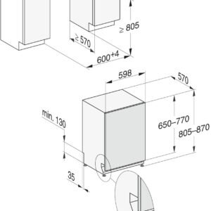 Schéma technique des dimensions des armoires de cuisine et des appareils électroménagers en millimètres, avec les mesures étiquetées pour le lave-vaisselle MIELE G 7180 SCVI AUTODOS avec intégration AutoDos.