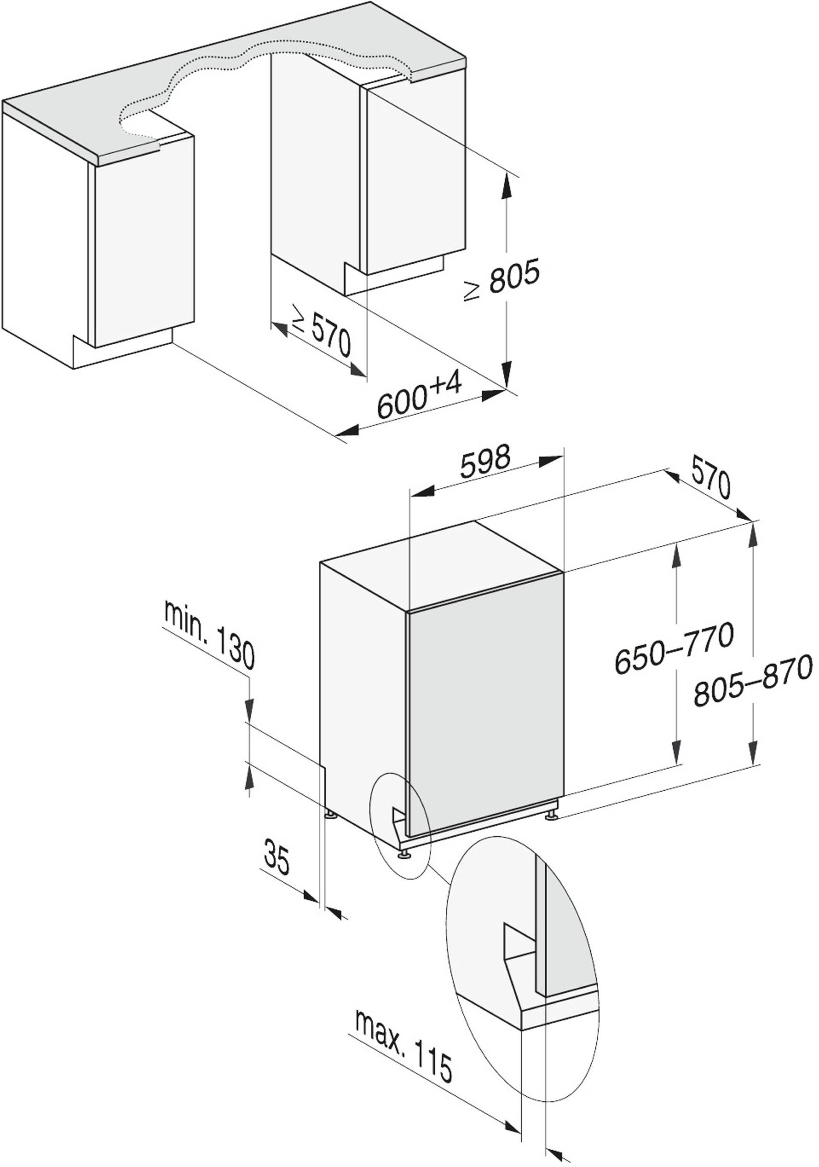 Schéma technique des dimensions des armoires de cuisine et des appareils électroménagers en millimètres, avec les mesures étiquetées pour le lave-vaisselle MIELE G 7180 SCVI AUTODOS avec intégration AutoDos.