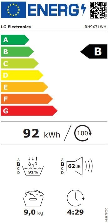 Étiquette énergétique pour LG RH9X71WH : classé B, consomme 92 kWh/100 cycles, capacité de 9 kg, niveau sonore de 62 dB, durée du cycle 4:29.