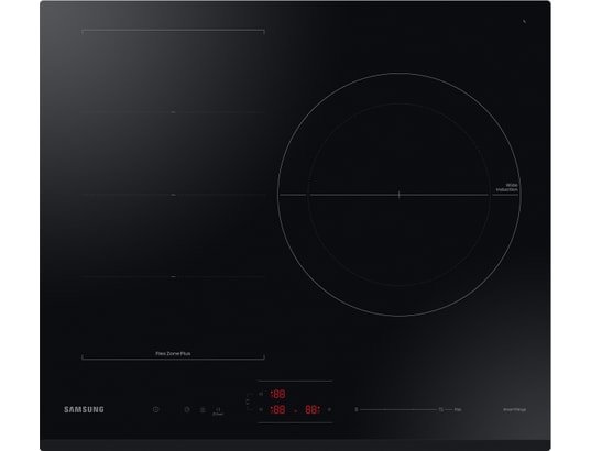 La SAMSUNG NZ63B6056GK est une table de cuisson à induction noire dotée de commandes tactiles numériques et de plusieurs zones de cuisson visibles.