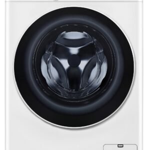 Vue de face du LG F14R50WHS, un lave-linge à chargement frontal doté d'un extérieur blanc élégant, d'un affichage numérique et d'un panneau de commande intuitif.