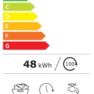 Lave-linge à chargement frontal LG F14R50WHS : Classe énergétique A, consomme 48kWh/100 cycles, capacité de 11kg, durée de cycle de 4h, 54L d'eau/cycle, niveau de bruit de 71dB, avec une échelle d'efficacité à code couleur.