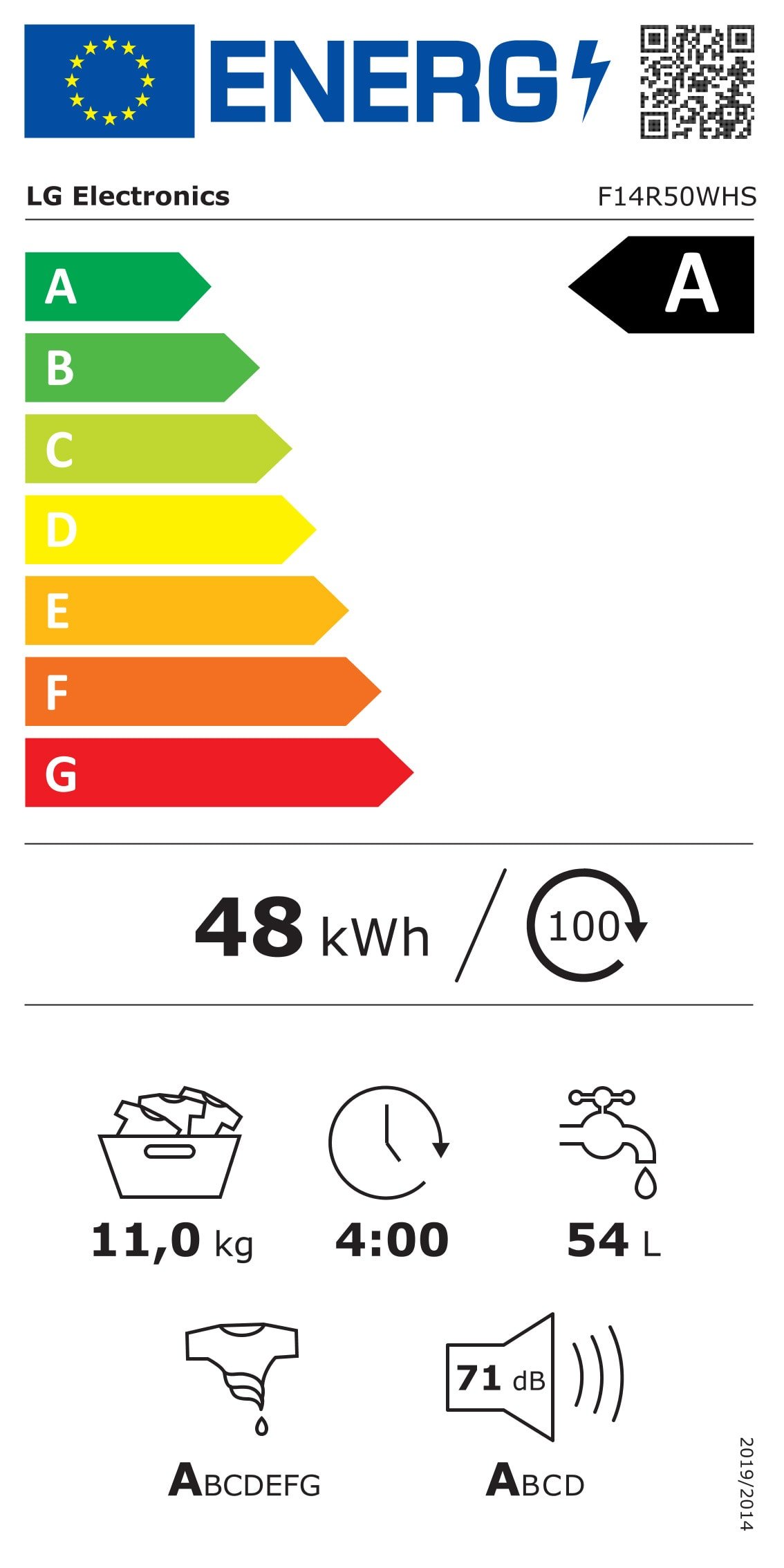 Lave-linge à chargement frontal LG F14R50WHS : Classe énergétique A, consomme 48kWh/100 cycles, capacité de 11kg, durée de cycle de 4h, 54L d'eau/cycle, niveau de bruit de 71dB, avec une échelle d'efficacité à code couleur.