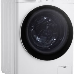 La laveuse à chargement frontal LG F14R50WHS présente une finition blanche, un affichage numérique et un bouton de commande en haut à droite.